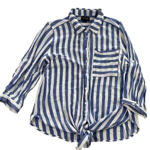 Vixbe Shirt Large Blue Nautical Stripe Lightweight Rayon Tie Front Thompkins